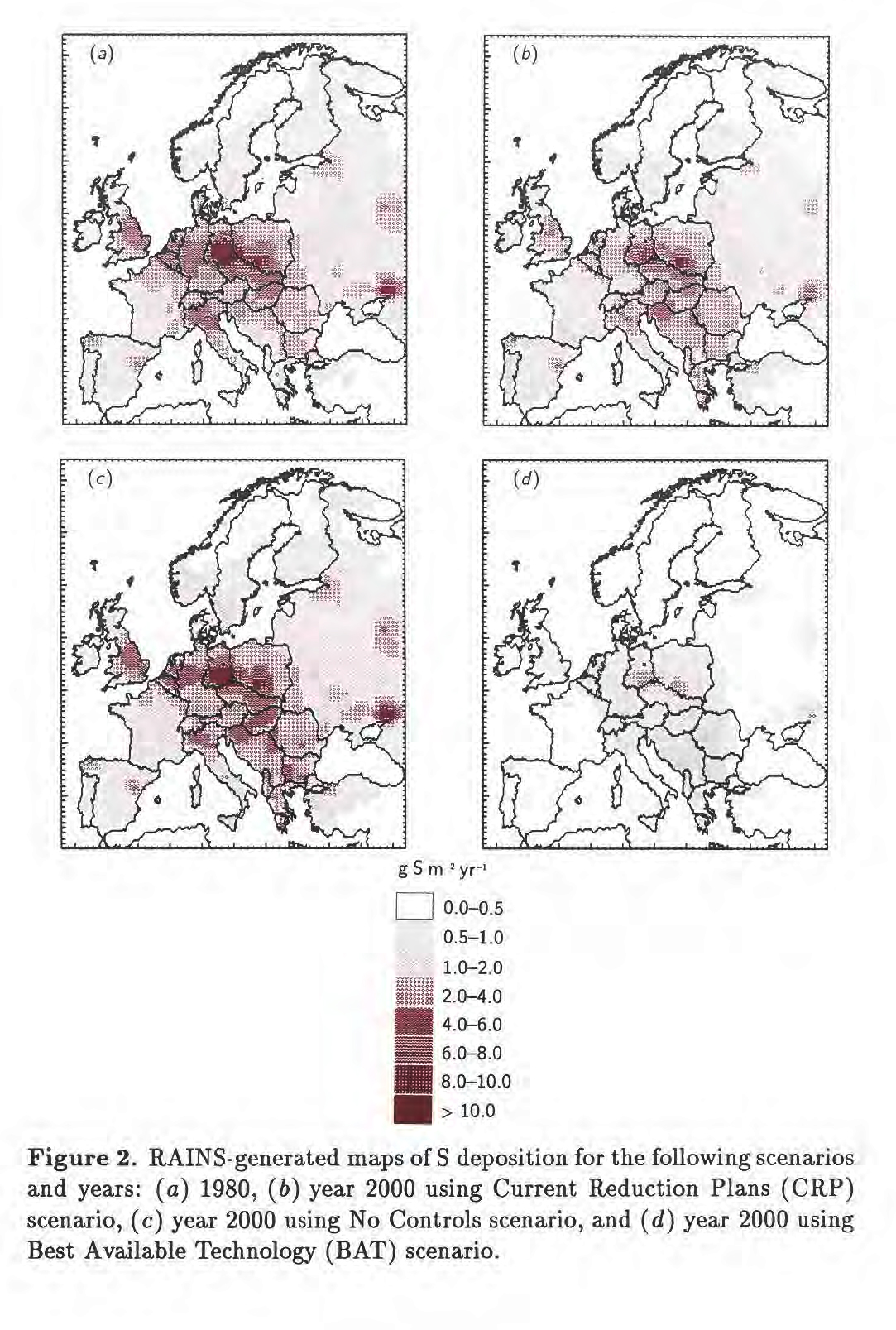 RAINS generated maps of sulphur emissions in Europe for various scenarios and years