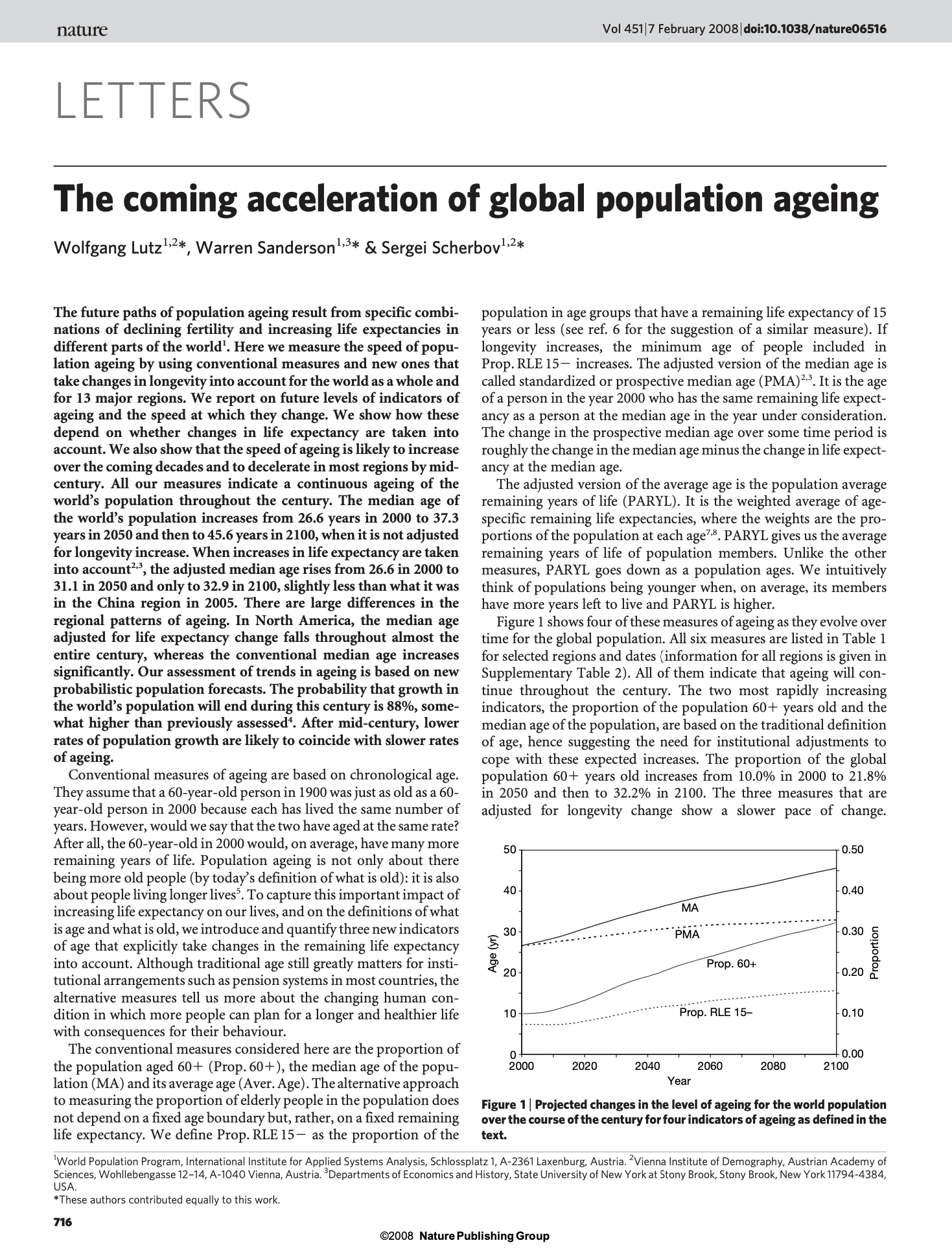 Publication: Lutz, W., Sanderson, W.C., & Scherbov, S. The coming acceleration of global population aging. Nature, 451(7179), 716–719