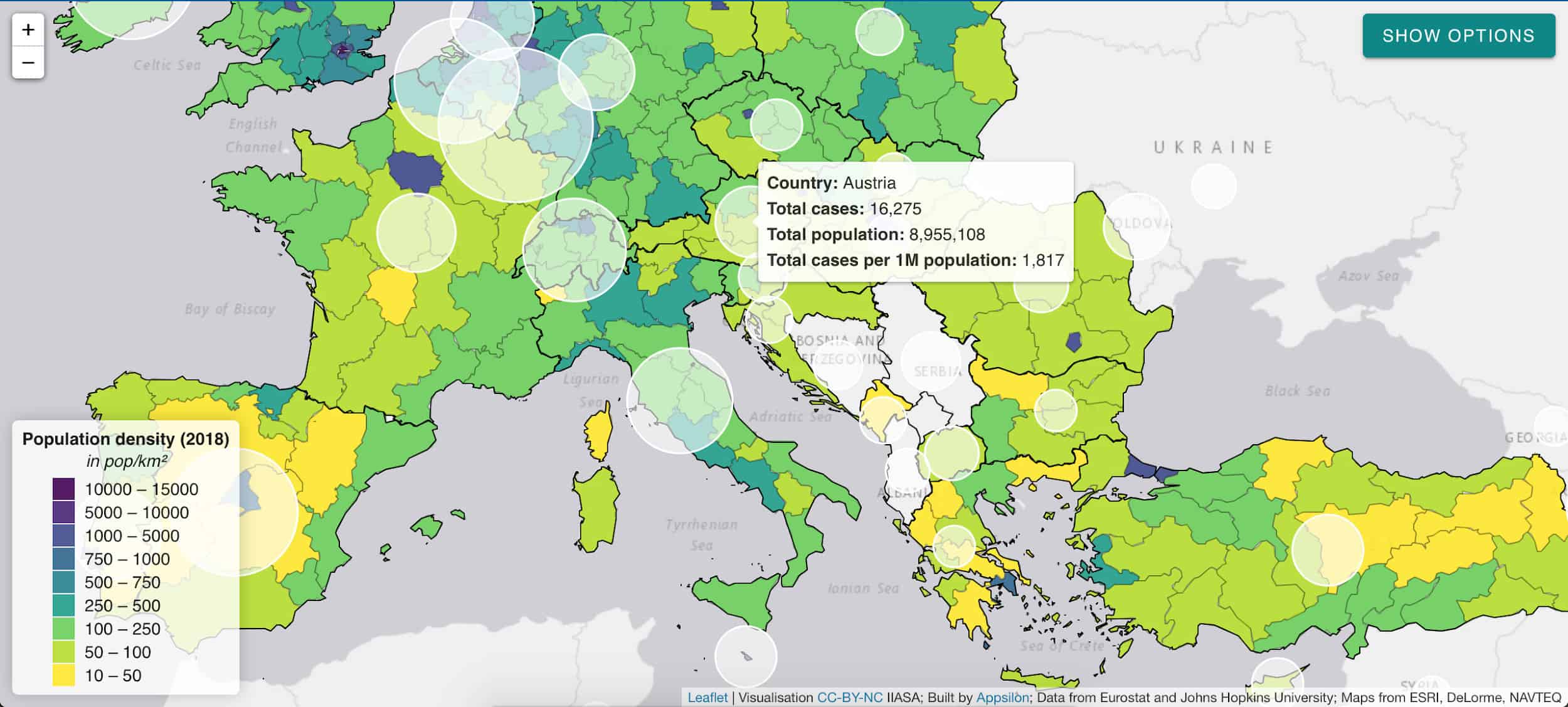 Map: White circles indicate the number of cases per 1 million citizens.