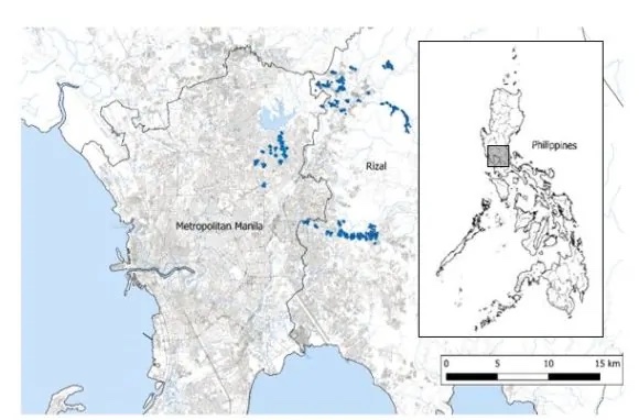 Map of study areas with locations of respondents’ homes.