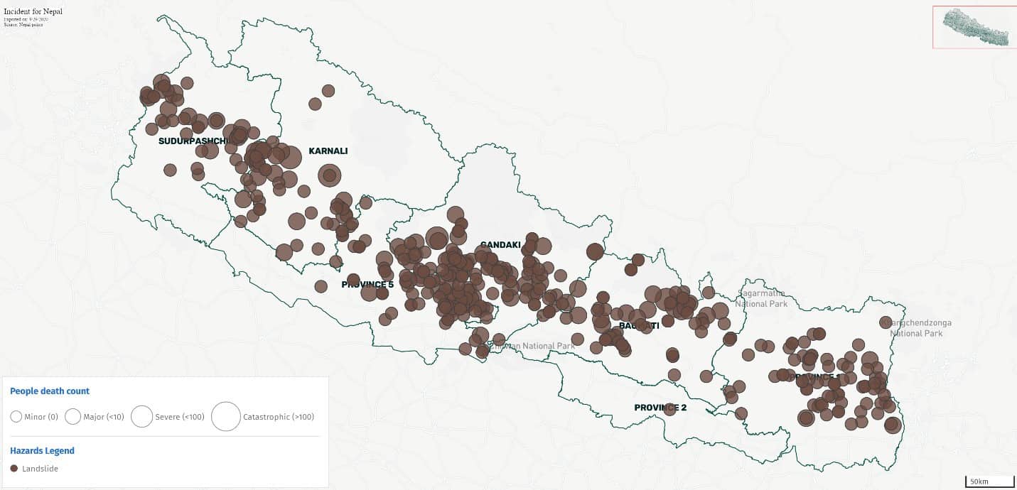 A map of landslide events in Nepal from June to September 2020