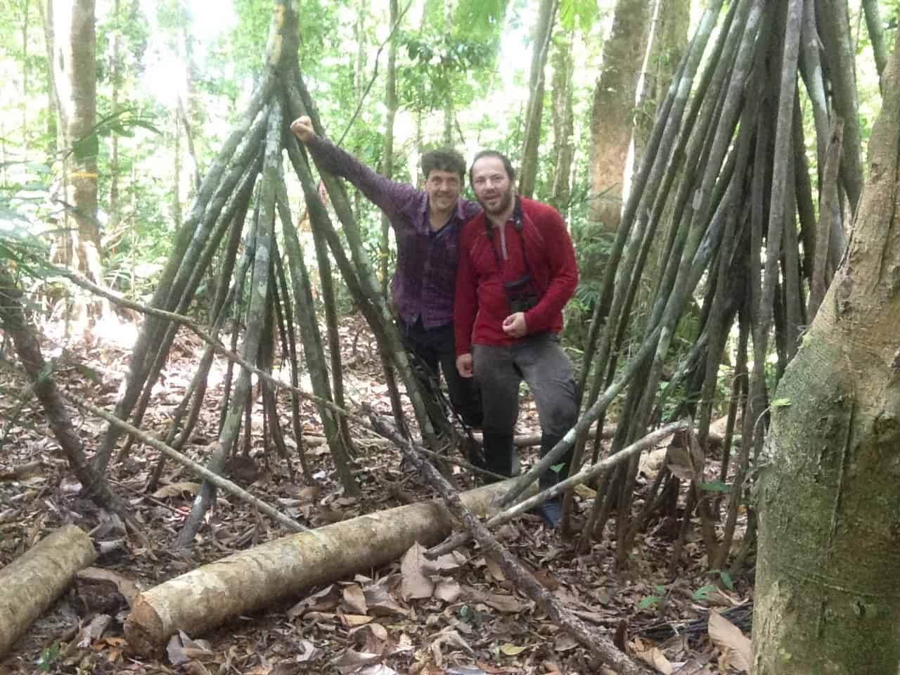 Lead author Florian Hofhansl and field botanist, Eduardo Chacon-Madrigal got stuck between roots of the walking palm (Socratea exorrhiza), while surveying one of the twenty one-hectare permanent inventory plots 