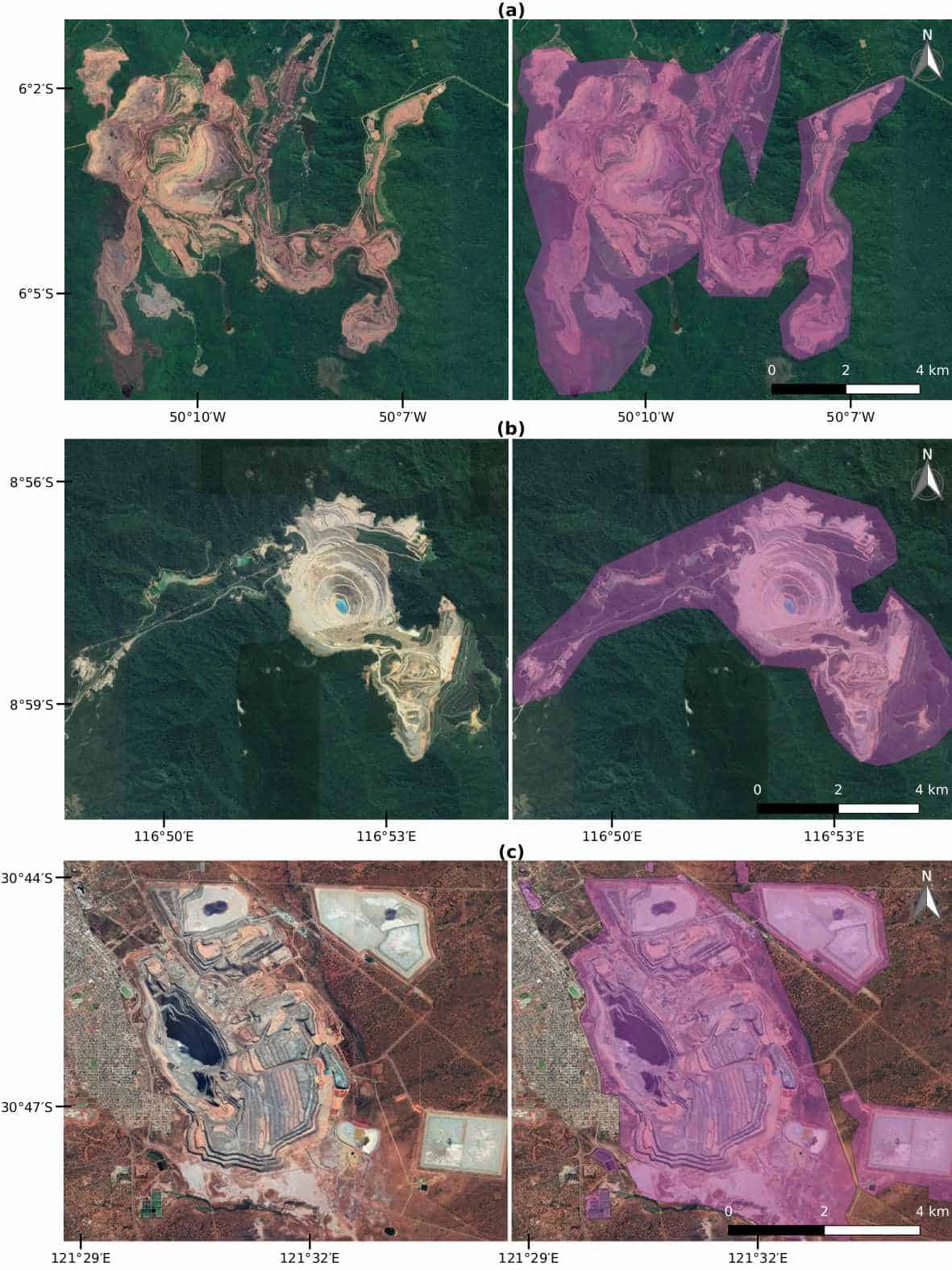 Examples of mines viewed from Google Satellite images