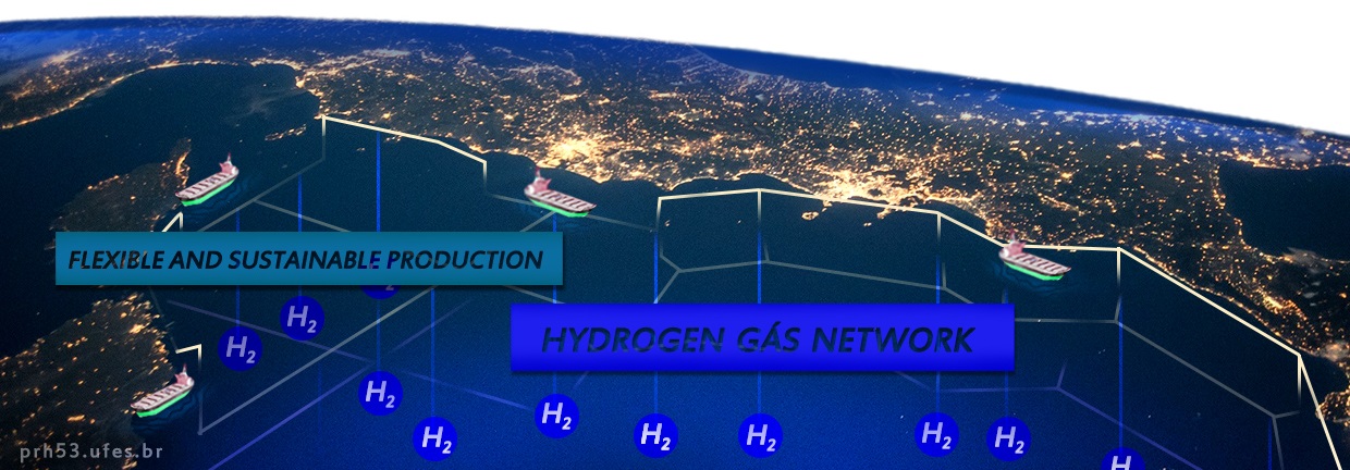 Image of coastline with city lights at night and hydrogen ocean link supplying electricity