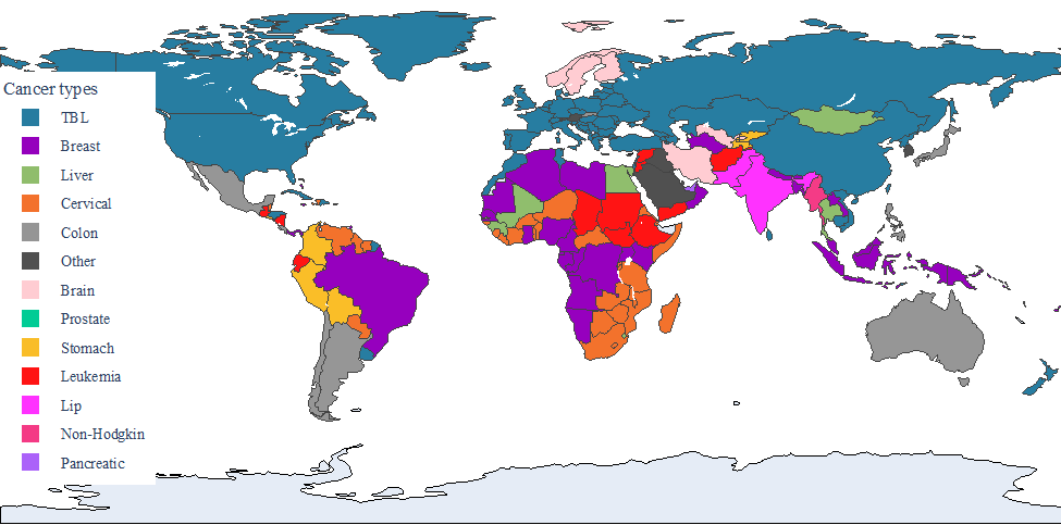 World map showing cancer type with the largest economic cost in 2020–2050