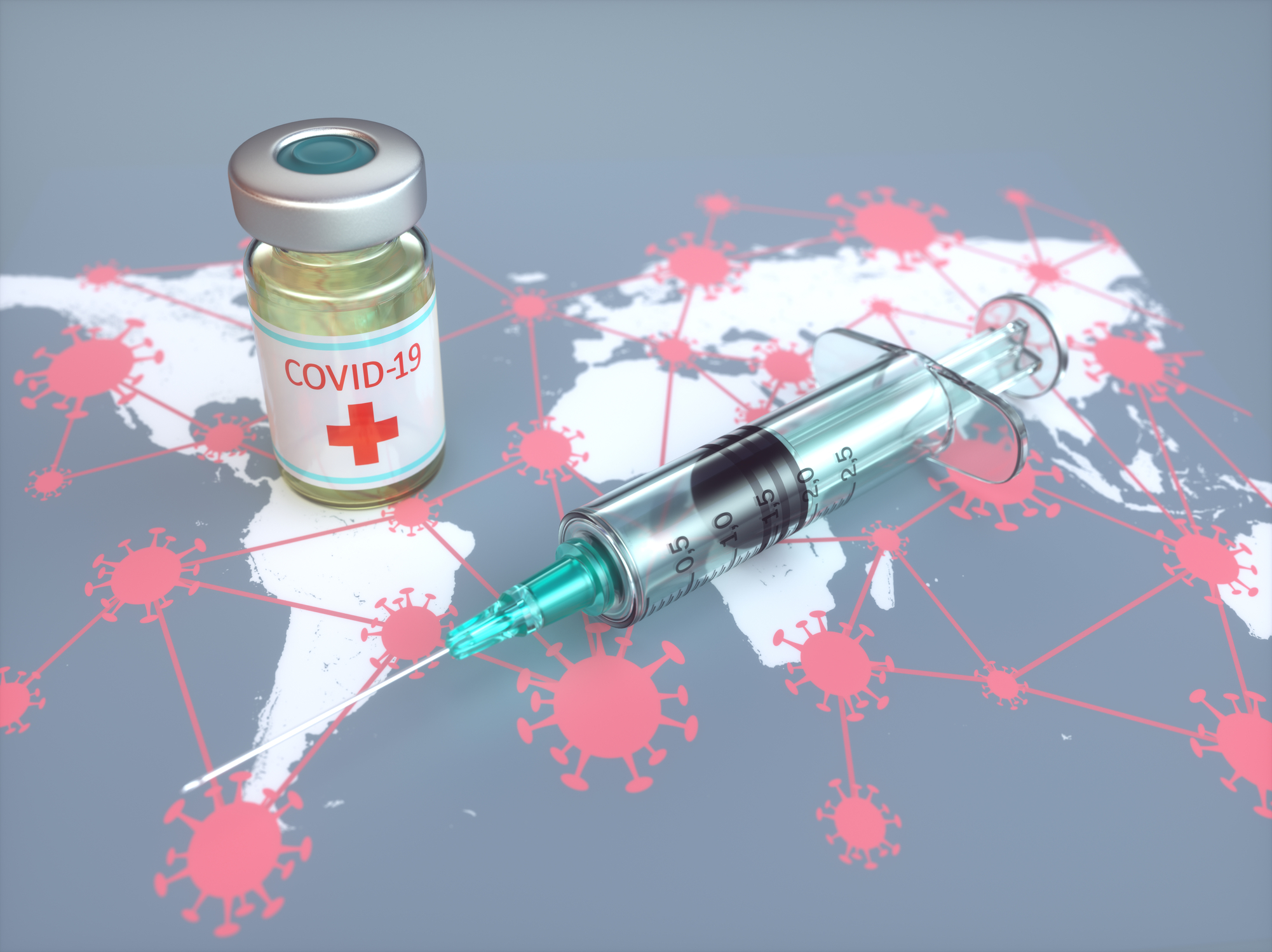 Conceptual image of COVID-19 vaccine and COVID infection on a world map
