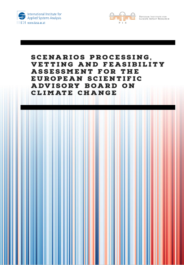 Cover of the new IIASA-PIK report detailing the analysis provided to the Advisory Board. it features the title of the report, and blue and red climate warming stripes, illustrating the global warming that has occurred over Europe between 1850-2022.