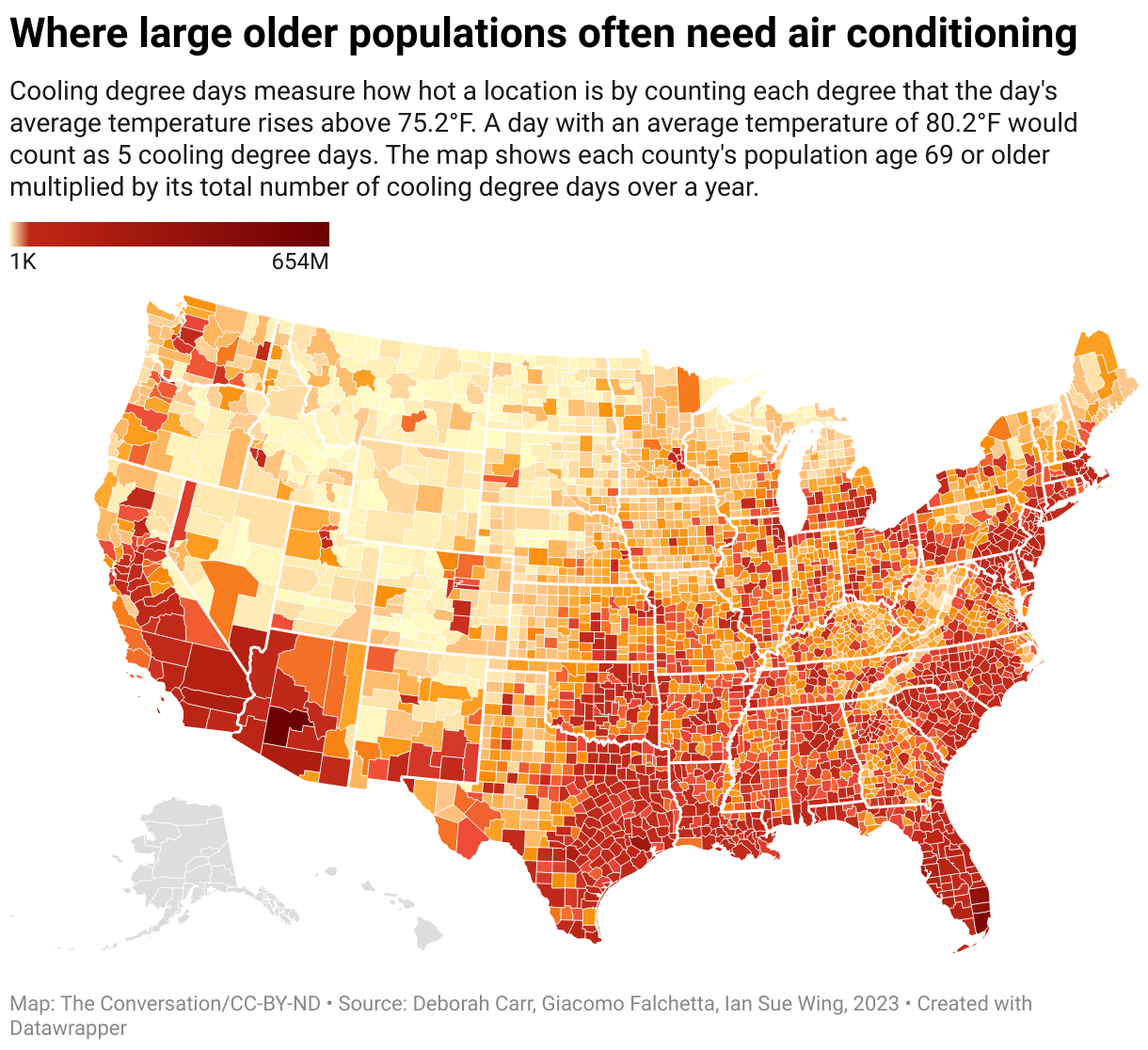 Map of the US showing where Where large older populations often need air conditioning