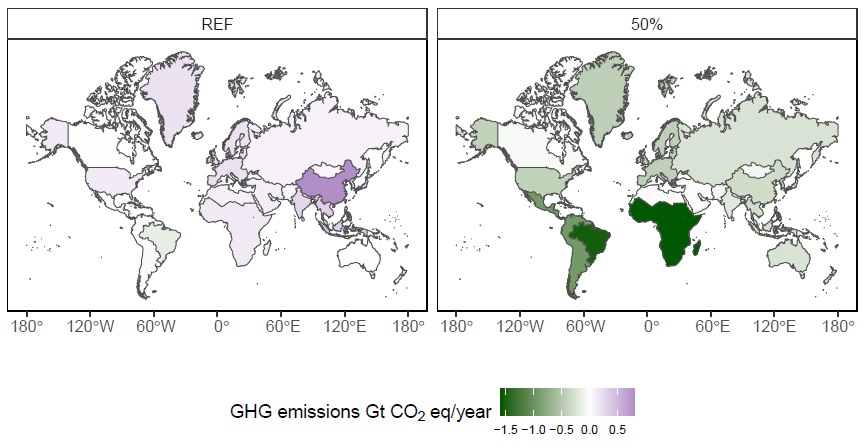 Map showing the change in emissions between 2050 and 2020 from agricultural and land use.