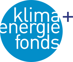 Klimafonds Logo, a blue circle with the writing klima + energie fonds