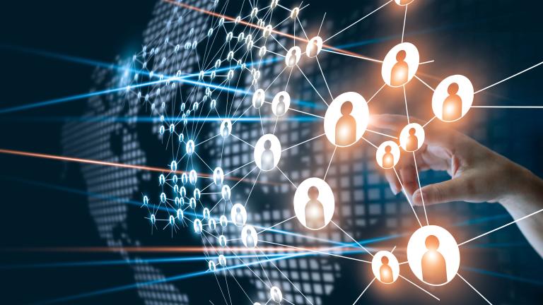 Hand touching network connecting the human dots icons.