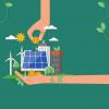 green energy illustration with solar panels and windturbines