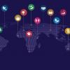 World map on blue background with SDG icons in different colors