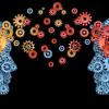Knowledge sharing concept. Cogs being transferred from one person to another.