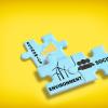 Environment society and economics written on blue puzzle jigsaw with shadow on yellow background