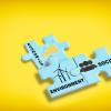 Blue puzzlepieces showing links between economics, environment, and society on yellow background