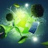 Abstract illustration of green Earth with different green energy options including wind turbines and solar panels