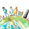 An illustration of diverse people of different nationalities walking on top of the Earth