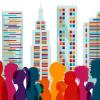 World population. Crowded cities. Dialogue between multiracial people.