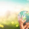 Human hands holding earth global over blurred green city background. 