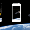 Image of the Earth and a satellite in space with smartphones showing the CAMALIOT app