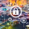 Cyber security concept superimposed on busy traffic intersection