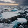 Wide angle view of Northern Arctic sea ice floes seen breaking up and melting leading into an atmospheric moody horizon with sunset.