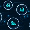 Concept image with connected icons related to hydrogen use as fuel, in industrial processes, hydrogen storage and transport 