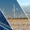 Collage showing renewable energy sources, solar panels, wind turbines and a hydro electricity dam