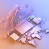 Business data market elements, charts, graphs, diagrams with world map. 