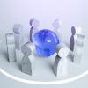 Purple еarth globe surrounded by people. Cooperation of people at the world level. Solving global problem challenges.