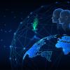 Concept of ESG Environmental social governance in futuristic glowing low polygonal style with planet earth map, seedling, human heads and scales symbols on dark blue background. 