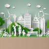 Sustainability concept with paper cut family in park and sustainable city in background