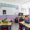 Empty Classroom In Elementary School With Whiteboard And Desks 
