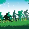 Group of happy cyclists on a summer bicycle trip in the park. 