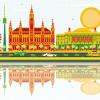 Illustration of Vienna Skyline with Color Buildings, Blue Sky and Reflections.