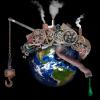 Pollution concept - planet Earth is filled with industrial manufacturing factories and machines 