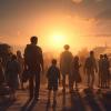 A group of people moving to a new city against the sunset