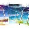 Collage design with double exposure. Wind mills and technology. Ecology and industry