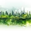 Green city ecosystem concept depicting a city surrounded by green forest in the style of a watercolor painting