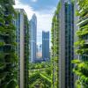 Green city with tall buildings covered in plants. 