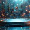 Futuristic digital platform with a glowing central podium against a high-tech circuit background