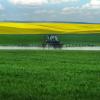 Agricultural sprayer with fertilizers on green wheat and rapeseed fields.