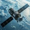 View of Earth from space showing a sattelite in orbit