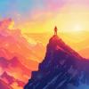 A lone figure stands atop a mountain peak, gazing out toward a horizon filled with the vibrant hues of dawn