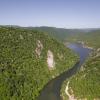 Aerial summer landscape above the Danube Gorge, at Dubova, Romania, at the border between Romania and Serbia