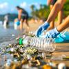 Volunteers picking up trash on a sunny beach