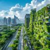 Modern city with eco-friendly architecture: green facades, rooftop gardens, integrated public transportation systems, and urban design prioritizing climate resilience