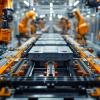 Automated assembly line with robotic arms in modern factory producing electric vehicle components.