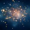 Fire sparkles glow in dark blue background 